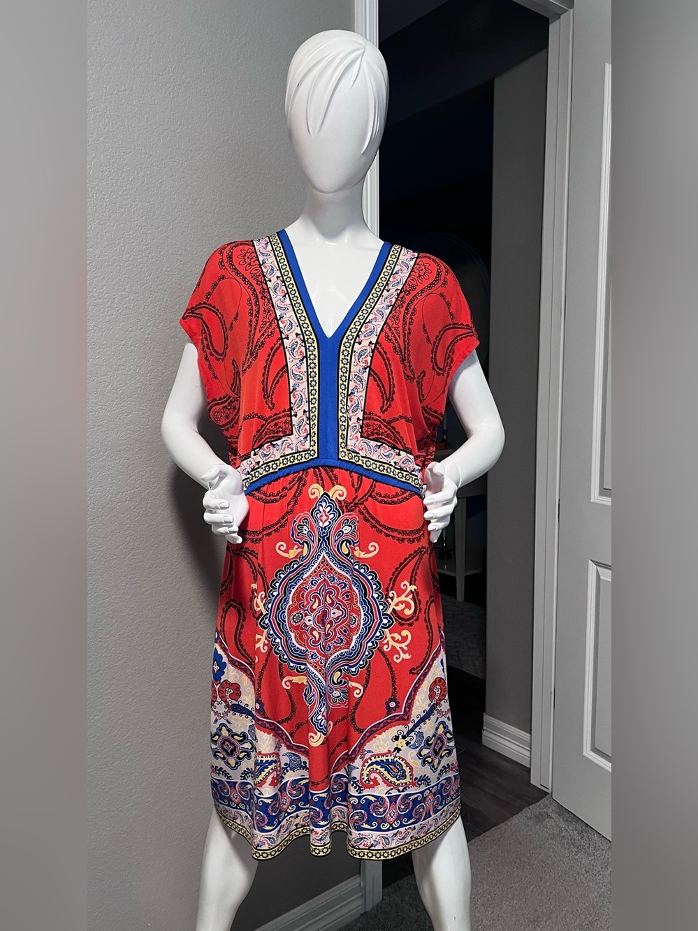 Style & Co. Red Paisley-Print V-Neck Midi Dress with Blue Trim size 1X
